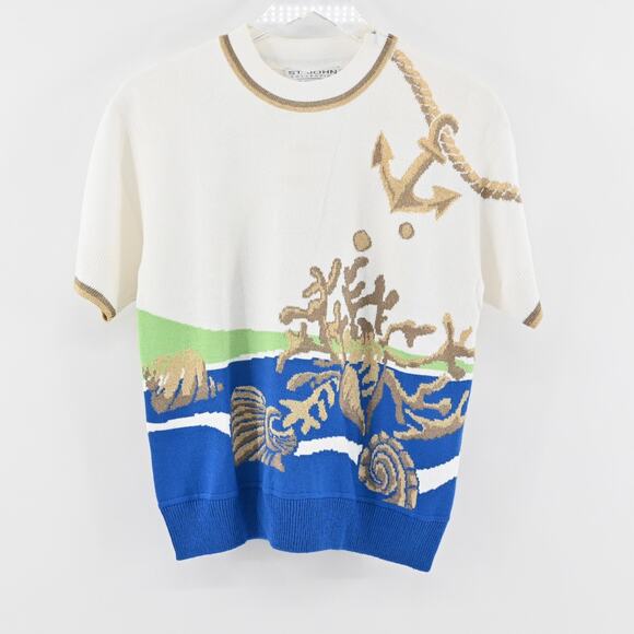 ST‎ JOHN Sweater Womens Size MP Santana Knit Wool Blend Nautical Ocean Dog Show - Picture 1 of 11